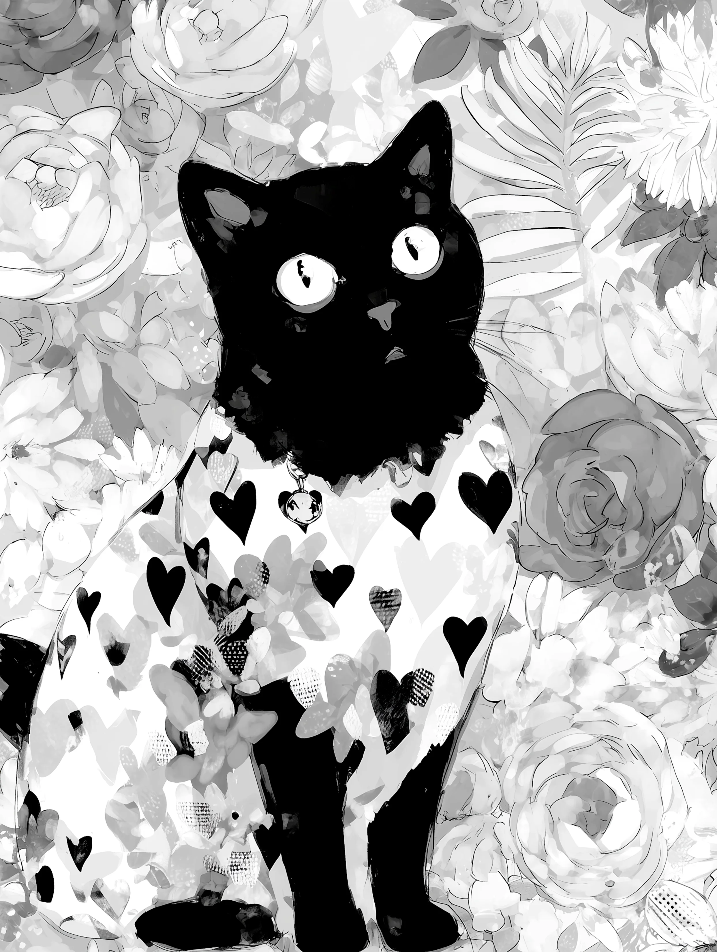 Free printable black cat coloring page for adults featuring hearts on chest black cat